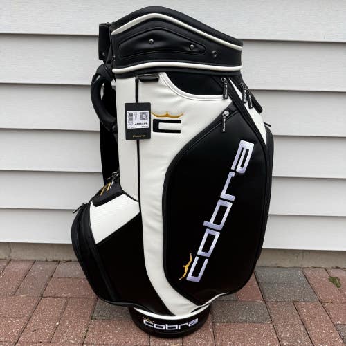 NEW Cobra Staff Fitting Golf Bag Black White Yellow 6-Way Dividers Rain Cover