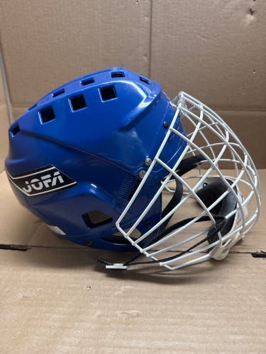VINTAGE NEW DARK BLUE JOFA HOCKEY HELMET AND RARE JOFA CAGE