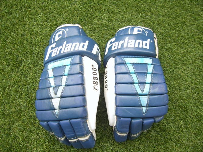 Used Old School Leather Ferland Brand F8800 Senior Ice Hockey Gloves Blue and White