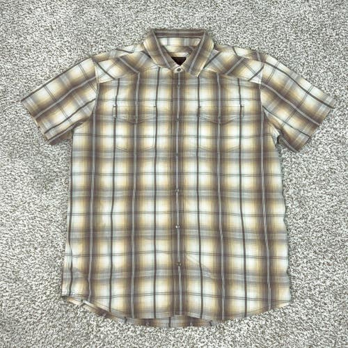 Prana Shirt Mens Medium Brown Plaid Snap Western Casual Outdoor Hiking Logo Top