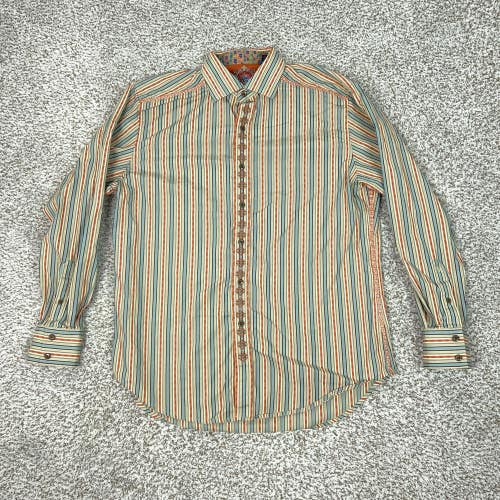 Robert Graham Shirt Mens Large Beige Flip Cuff Embroidered Button Striped Work