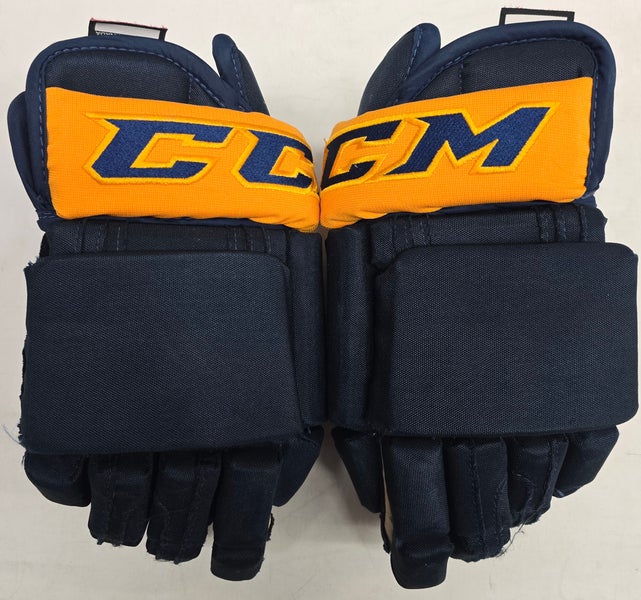 CCM CUSTOM 4-ROLL PRO STOCK HOCKEY GLOVES NAVY GOLD 14" USED NHL HAULA MIC (14840)
