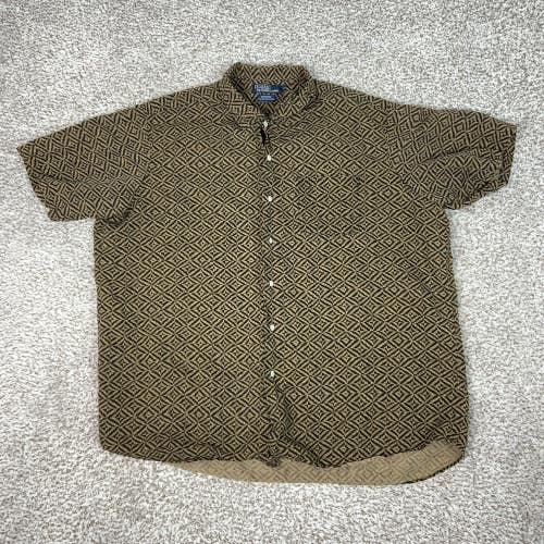 Polo Ralph Lauren Shirt Mens 2XL Brown Bonnard Silk Linen Geometric Button Front