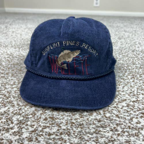Vintage Walleye Hat Cap Strap Back Mens One Size Blue Corduroy Nissin Fishing 90