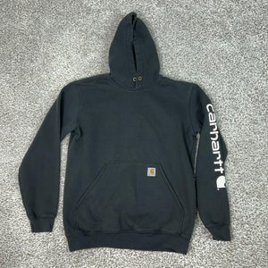Carhartt Hoodie Mens Medium Black Sleeve Logo Fleece Pullover Sweatshirt K288
