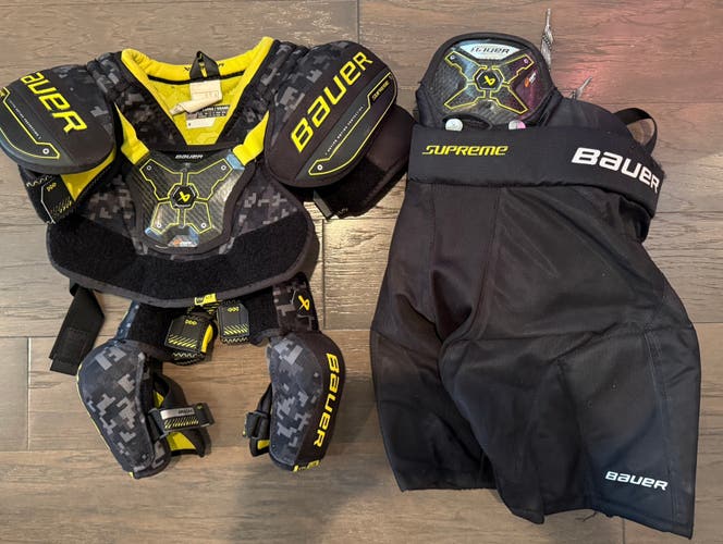 Large Youth Bauer Supreme Mach Shoulder Pads, pants, Elbow pad 3pc Combo(Used)