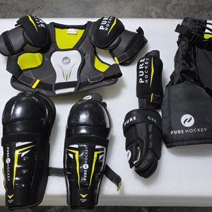 Large Youth Pure Hockey Shoulder Pads, Elbow pads, 10" Shin Guards, Gloves, pants (Used)