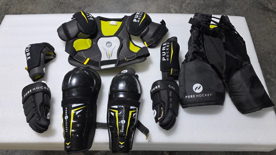 Large Youth Pure Hockey Shoulder Pads, Elbow pads, 10" Shin Guards, Gloves, pants (Used)