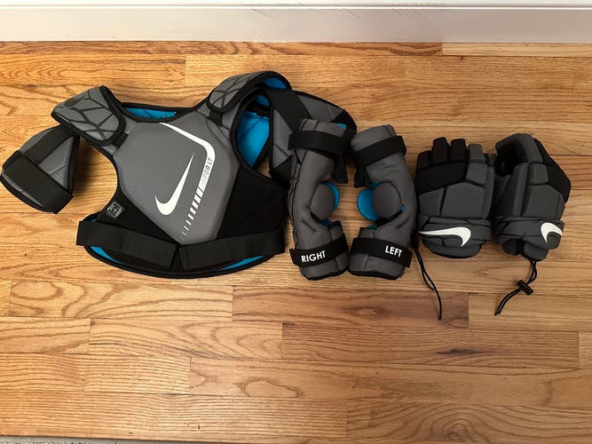 Set of Nike Vapor LT Lacrosse Shoulder Pads, Arm Pads and Gloves, size Youth Medium (Used)