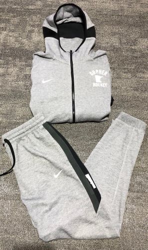 Team Issued Minnesota Gophers NCAA Hockey Nike Warmup Hoodie Jogger Pants Rink Bus Tracksuit