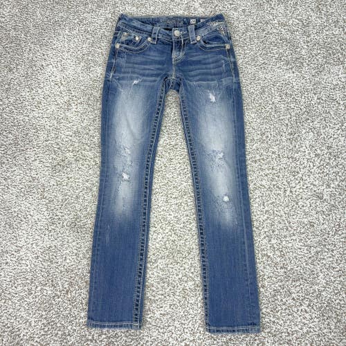 Miss Me Jeans Womens 24 Blue Signature Straight Low Rise Distressed Denim Bling