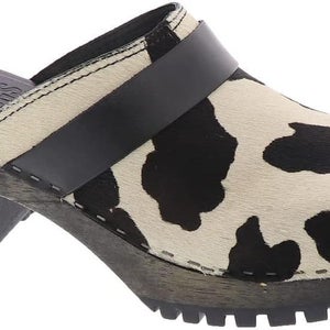 MIA Karlie Clogs Womens 8 White Black Cow Print Block Heel Slip On Shoes ZAP820