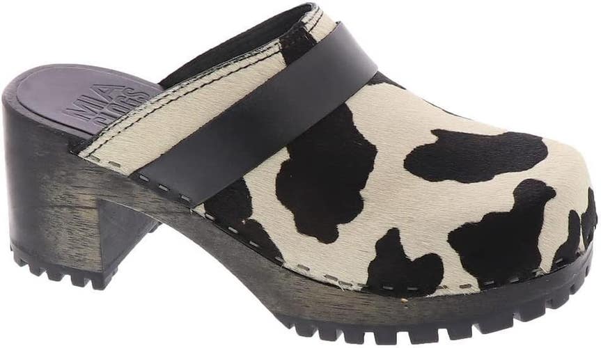 MIA Karlie Clogs Womens 8 White Black Cow Print Block Heel Slip On Shoes ZAP820