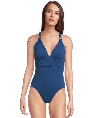Tommy Bahama Island Cays Swimsuit Women 8 Blue Gold Ring One Piece Beach GBO1907