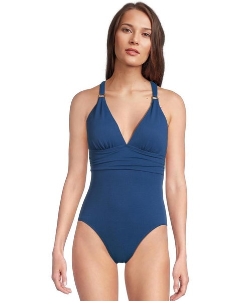 Tommy Bahama Island Cays Swimsuit Women 8 Blue Gold Ring One Piece Beach GBO1907