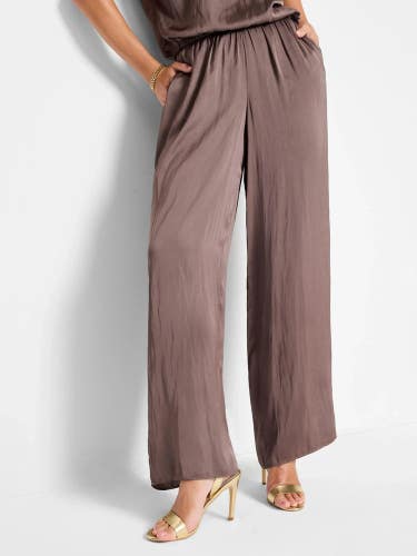 NIC+ZOE Glossy Sheen Pants Womens Medium Cocoa Mid Rise Wide Leg Pull On GBO1813