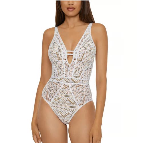 Becca by Rebecca Virtue Swimsuit Women's M White Eyelet Plunge One Piece GBO1902