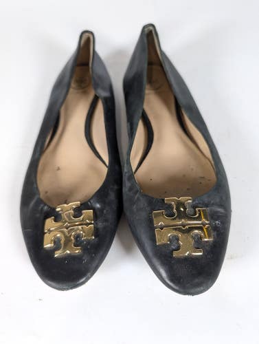 Tory Burch Claire Black Leather Ballet Flats with Gold Logo Women's Size: 7.5