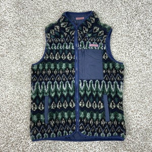 Vineyard Vines Vest Womens Small Fair Isle Sherpa Fleece Reversible Navy Puffer