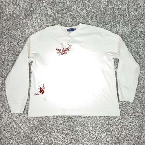 Polo Ralph Lauren Shirt Mens 2XL White Henley Fishing Sportsman Embroidered Top