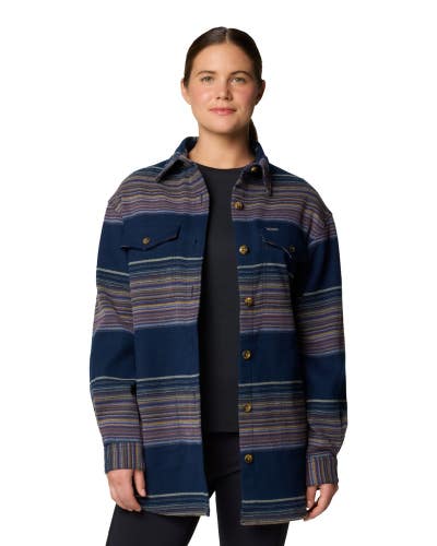 Columbia Calico Basin Shirt Jacket Women Medium Blue Striped Button Front JAX762