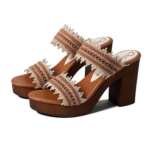 Californians Chrissy Sandals Women's 10 Camel Slip-On Open Toe Block Heel ZAP772