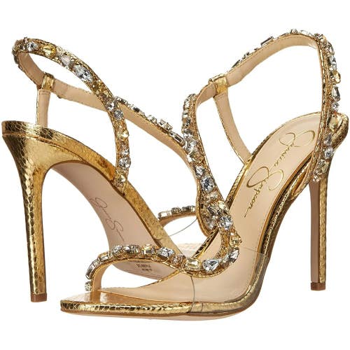 Jessica Simpson Jaycin Sandals Women's 7.5 Gold Rhinestone Stiletto Heel RHS6863