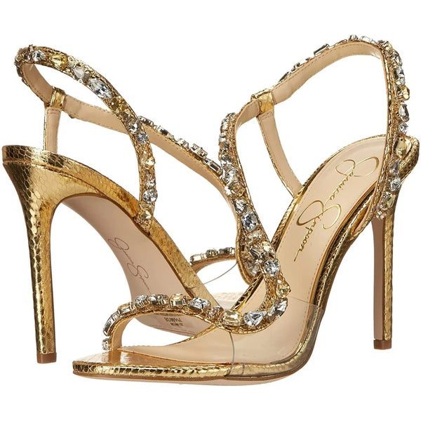 Jessica Simpson Jaycin Sandals Women's 7.5 Gold Rhinestone Stiletto Heel RHS6863