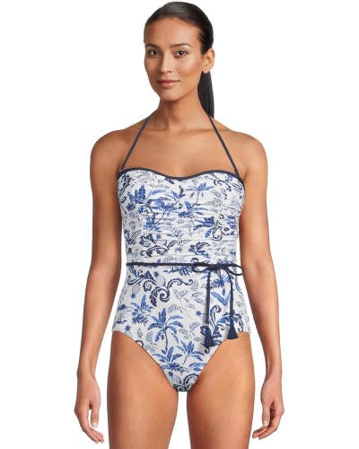 Tommy Bahama Terrazzo Bandeau Swimsuit Womens 10 Blue Tropical One-Piece RED1039