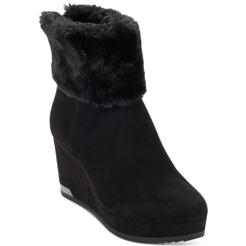 DKNY Nadra Boots Women 7.5 Black Faux Fur Collar Wedge Heel Ankle Bootie Lion917