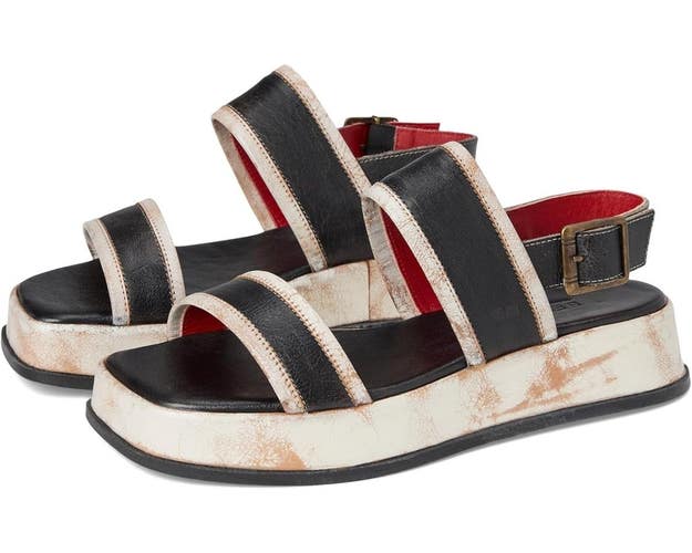 Bed|Stü Vice Sandals Women US 8 Black Rustic Leather Square Toe Platform HAWK061