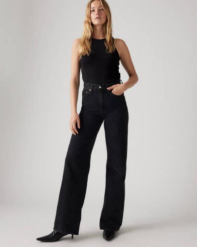 Levi's Ribcage Jeans Women's 26/32 Black Denim Dark Wash Wide Leg Retro GBO1802