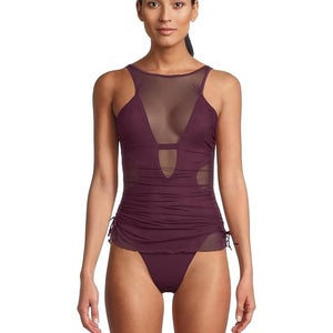 Becca Muse Macie Swimsuits Women Large Aubergine Stretch Sheer One Piece GBO1897
