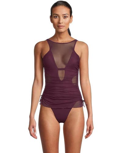 Becca Muse Macie Swimsuits Women Large Aubergine Stretch Sheer One Piece GBO1897