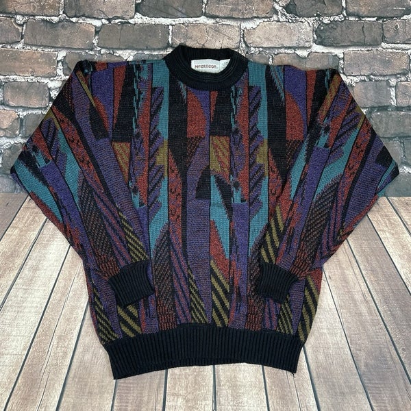 Vtg McGregor Cosby Sweater Geometric Multicolor Acrylic Pullover Hipster Mens L