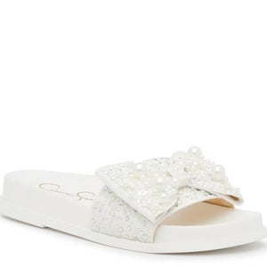 Jessica Simpson Rexinne Sandals Women's US 9 White Rhinestone Bow Slide HAWK485
