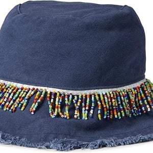 Badgley Mischka Women One Size Indigo Cotton Beaded Trim Woven Bucket Hat RED896