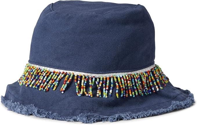 Badgley Mischka Women One Size Indigo Cotton Beaded Trim Woven Bucket Hat RED896