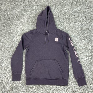 Carhartt Hoodie Womens Small Purple Relaxed Fit Logo Sleeve Pullover Sweatshirt