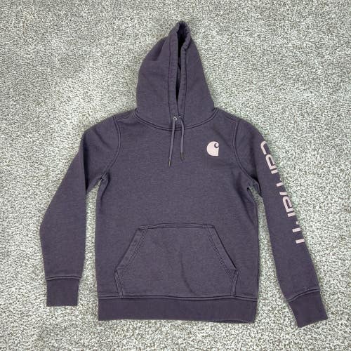 Carhartt Hoodie Womens Small Purple Relaxed Fit Logo Sleeve Pullover Sweatshirt