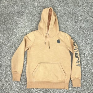 Carhartt Hoodie Womens Small Beige Relaxed Fit Fleece Logo Pullover Pocket Work