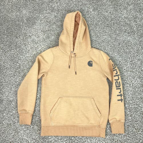 Carhartt Hoodie Womens Small Beige Relaxed Fit Fleece Logo Pullover Pocket Work