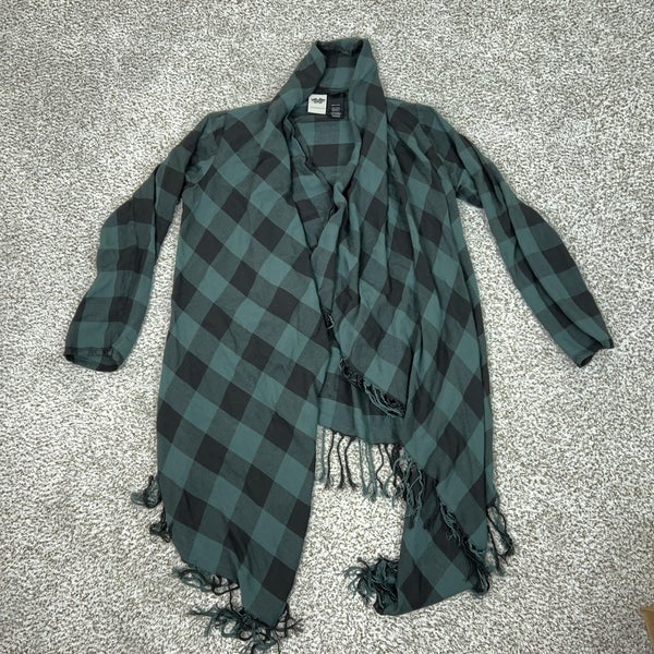 Harley Davidson Coatigan Womens Large Green Plaid Hooded Fringe Open Front Shall