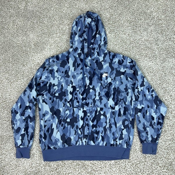 Nike Hoodie Mens XL Blue Camo Pullover Sweatshirt Fleece Swoosh Logo Embroidered