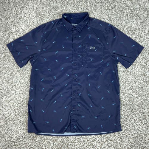 Under Armour Shirt Mens XL Blue Fly Fishing Print Button Vented Pocket Outdoor