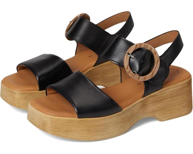 Gabor 64.520 Sandals Womens US 9.5 Black Leather Ankle Strap Wedge Heel ZOGG2662