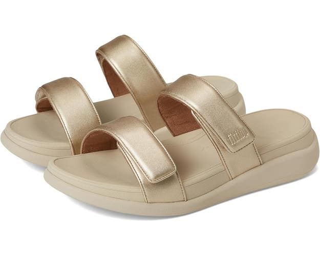 FitFlop F-Mode Go Sandals Women's 9 Platino Faux Leather Two-Bar Slide RHS6648