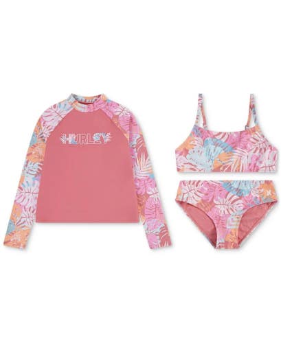 Hurley 3-Piece Rashguard Set Girls 14 Sunset Coral Tropical Swimwear RED1390
