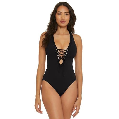 BECCA Modern Edge Swimsuit Womens Medium Black Crossback Strap One Piece RED1124