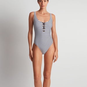 Lauren Ralph Lauren Swimsuit Women's 6 Luxe Stripe Laced One Piece Beach RED1150